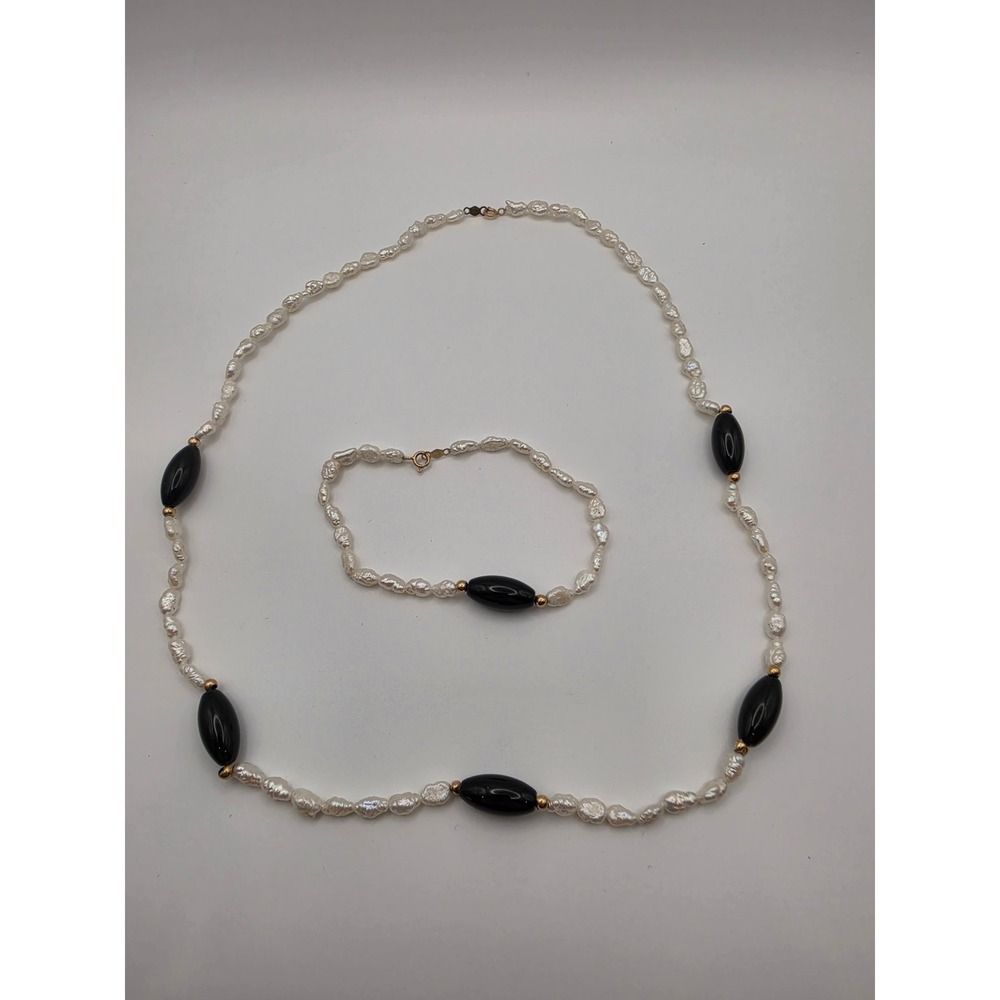 14K Yellow Gold Freshwater Keshi Pearl and Black Onyx Necklace Bracelet Set 18"